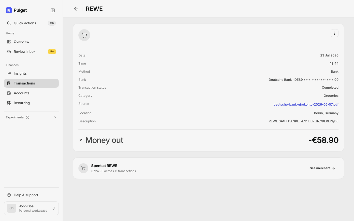 A single transaction opened up: a €58.90 payment at REWE, listing its date, time, payment method, bank, category, location in Berlin and the raw descriptor from the statement, with a link back to the statement PDF it was read from.